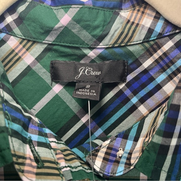 NWT! J. Crew Women’s Green Blue Plaid Button Shirt Sz2 Pocket Collared Cotton - Picture 3 of 14